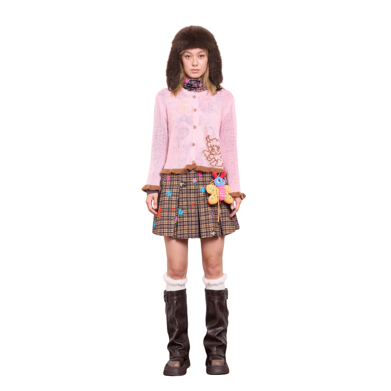 Pink Mohair Angel Jacquard Cardigan - Thin Knitted Sweater, Cozy Y2K Style, Artist Original Design, Trendy Layering Piece