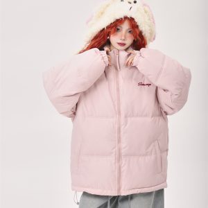Pink Oversized Thick Bread Jacket for Petite Women - Trendy Korean Style Cotton Coat for Winter Fashion