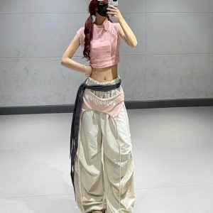 Pink Short Dance Top with Beige Layered Tie Casual Work Pants - Lightweight Quick-Dry Fashion Set for Y2K Style