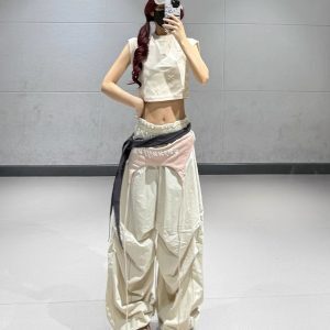 Pink Short Dance Top with Beige Layered Tie Casual Work Pants - Lightweight Quick-Dry Fashion Set for Y2K Style