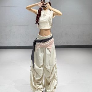 Pink Short Dance Top with Beige Layered Tie Casual Work Pants - Lightweight Quick-Dry Fashion Set for Y2K Style