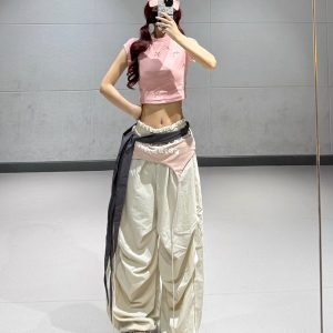 Pink Short Dance Top with Beige Layered Tie Casual Work Pants - Lightweight Quick-Dry Fashion Set for Y2K Style