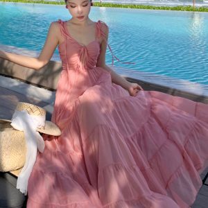 Pink Spaghetti Strap Dress for French Seaside Vacation, Fairy Travel Vibes, Perfect for Thailand Sanya Island Photos