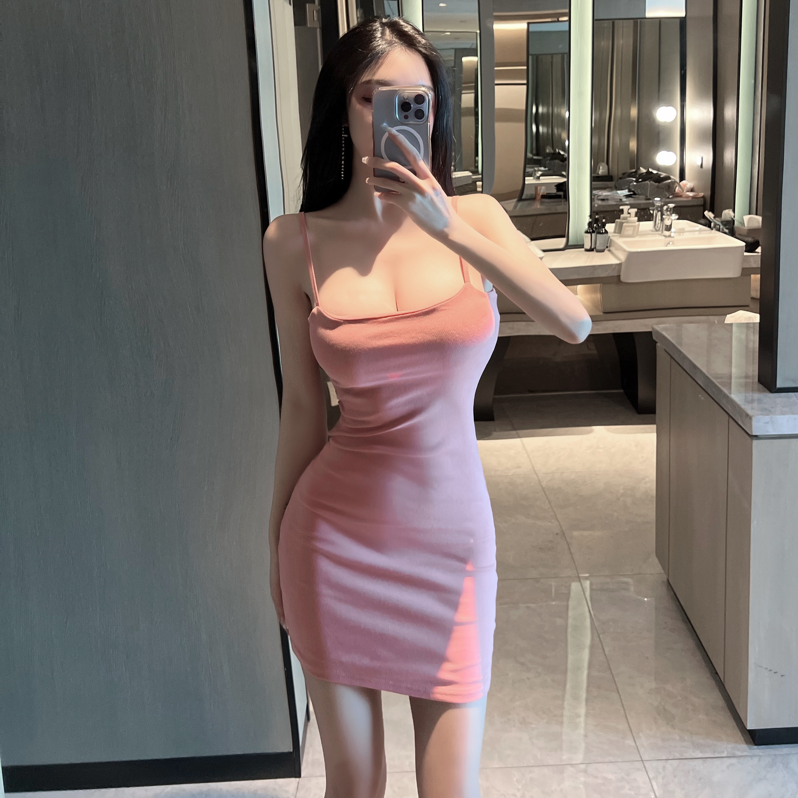 Pink Square Neck Low-Cut Spaghetti Strap Bodycon Dress for Women - Sexy Summer Sweet & Spicy Short Skirt
