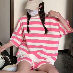 Pink Striped Short Sleeve Sweatshirt Set for Women - Trendy Summer Casual Sports Two-Piece Outfit, Stylish Y2K Look