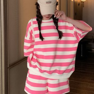 Pink Striped Short Sleeve Sweatshirt Set for Women - Trendy Summer Casual Sports Two-Piece Outfit, Stylish Y2K Look