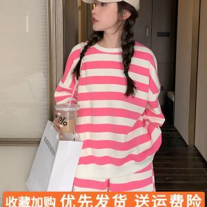 Pink Striped Short Sleeve Sweatshirt Set for Women - Trendy Summer Casual Sports Two-Piece Outfit, Stylish Y2K Look