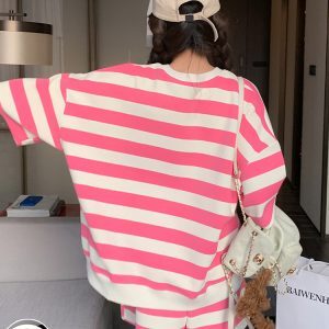 Pink Striped Short Sleeve Sweatshirt Set for Women - Trendy Summer Casual Sports Two-Piece Outfit, Stylish Y2K Look