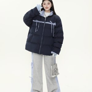 Plaid Bow Tie Collar Cotton Puffer Coat for Women - Thickened Warm Loose Winter Jacket
