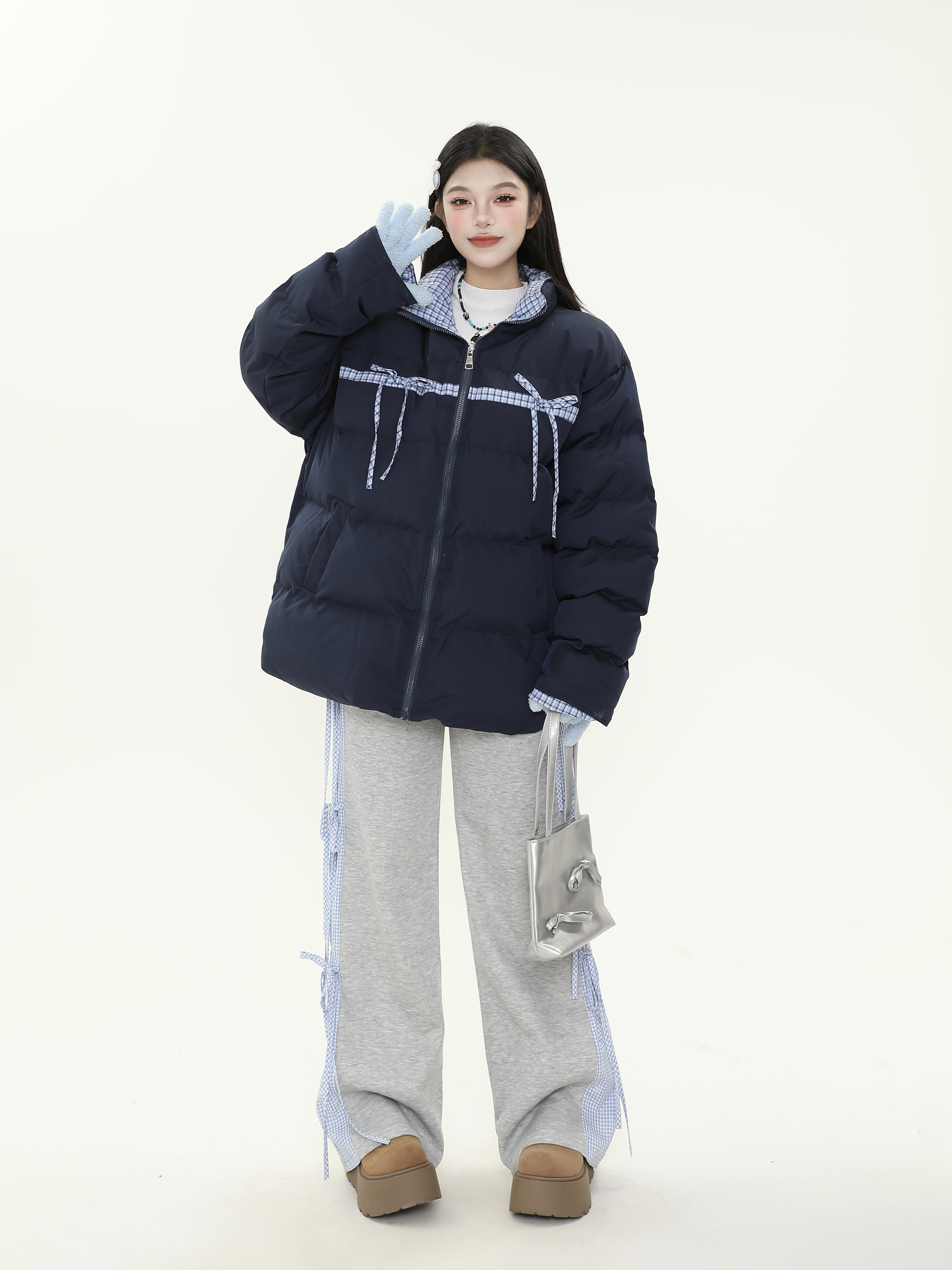 Plaid Bow Tie Collar Cotton Puffer Coat for Women - Thickened Warm Loose Winter Jacket