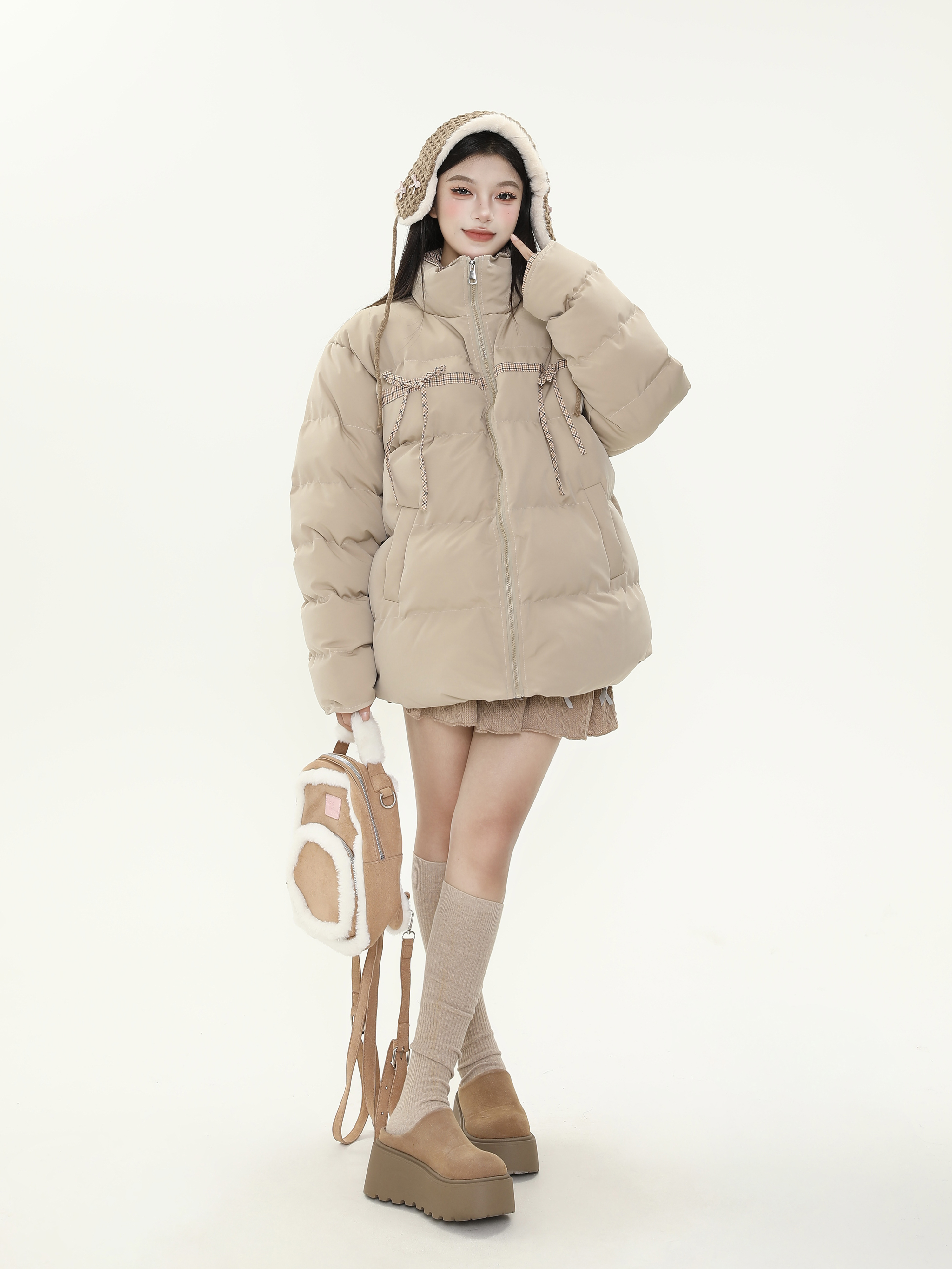 Plaid Bow Tie Collar Cotton Puffer Coat for Women - Thickened Warm Loose Winter Jacket