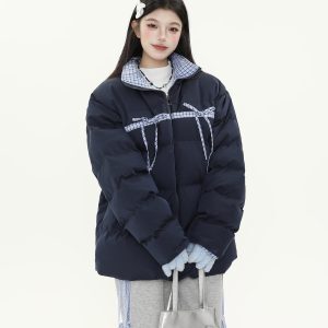 Plaid Bow Tie Collar Cotton Puffer Coat for Women - Thickened Warm Loose Winter Jacket
