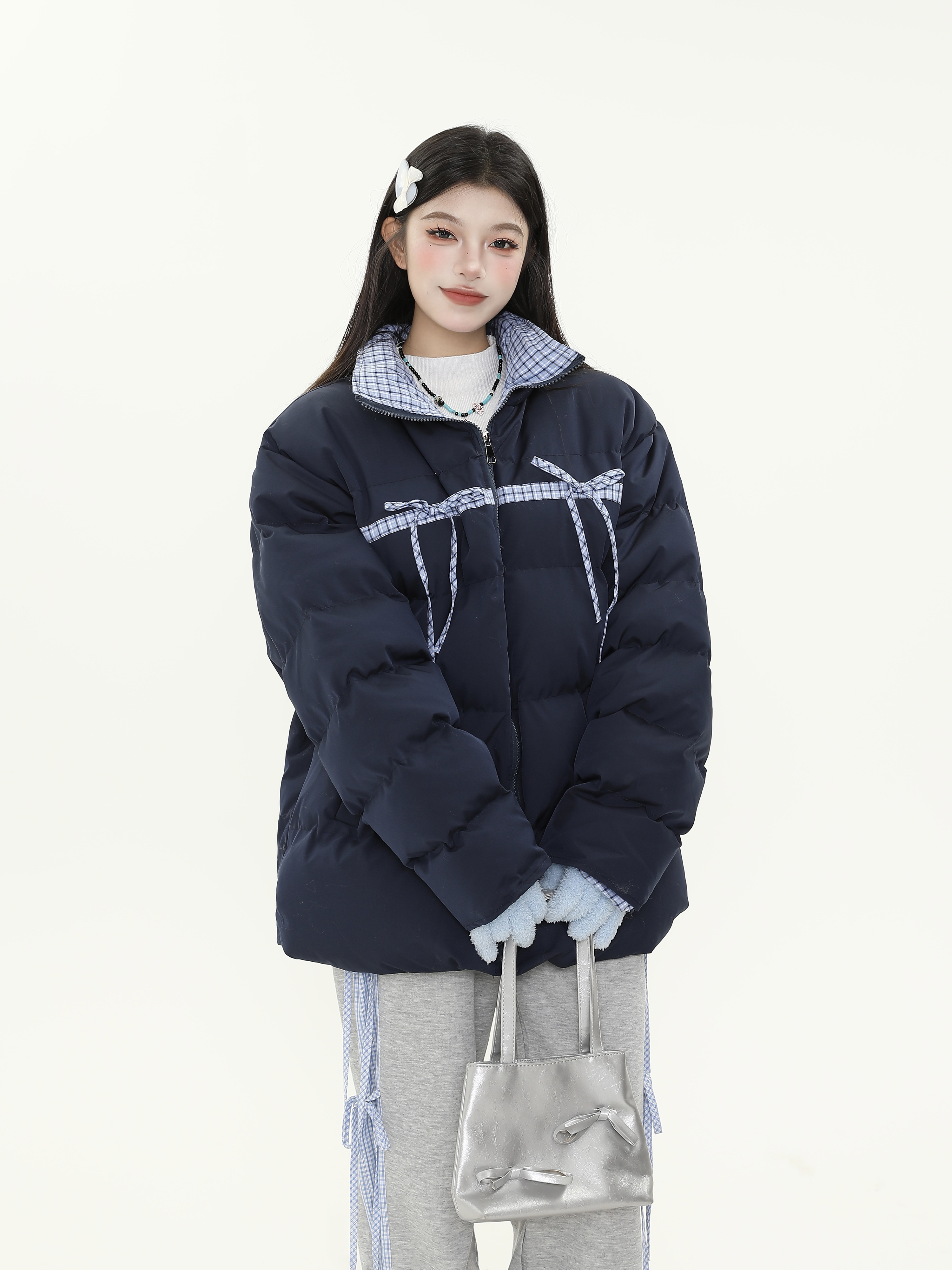 Plaid Bow Tie Collar Cotton Puffer Coat for Women - Thickened Warm Loose Winter Jacket