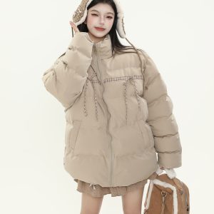 Plaid Bow Tie Collar Cotton Puffer Coat for Women - Thickened Warm Loose Winter Jacket