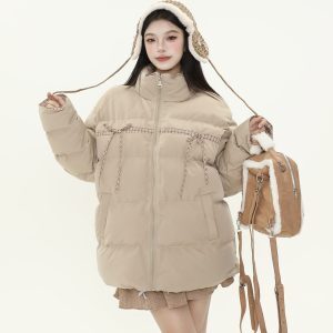 Plaid Bow Tie Collar Cotton Puffer Coat for Women - Thickened Warm Loose Winter Jacket