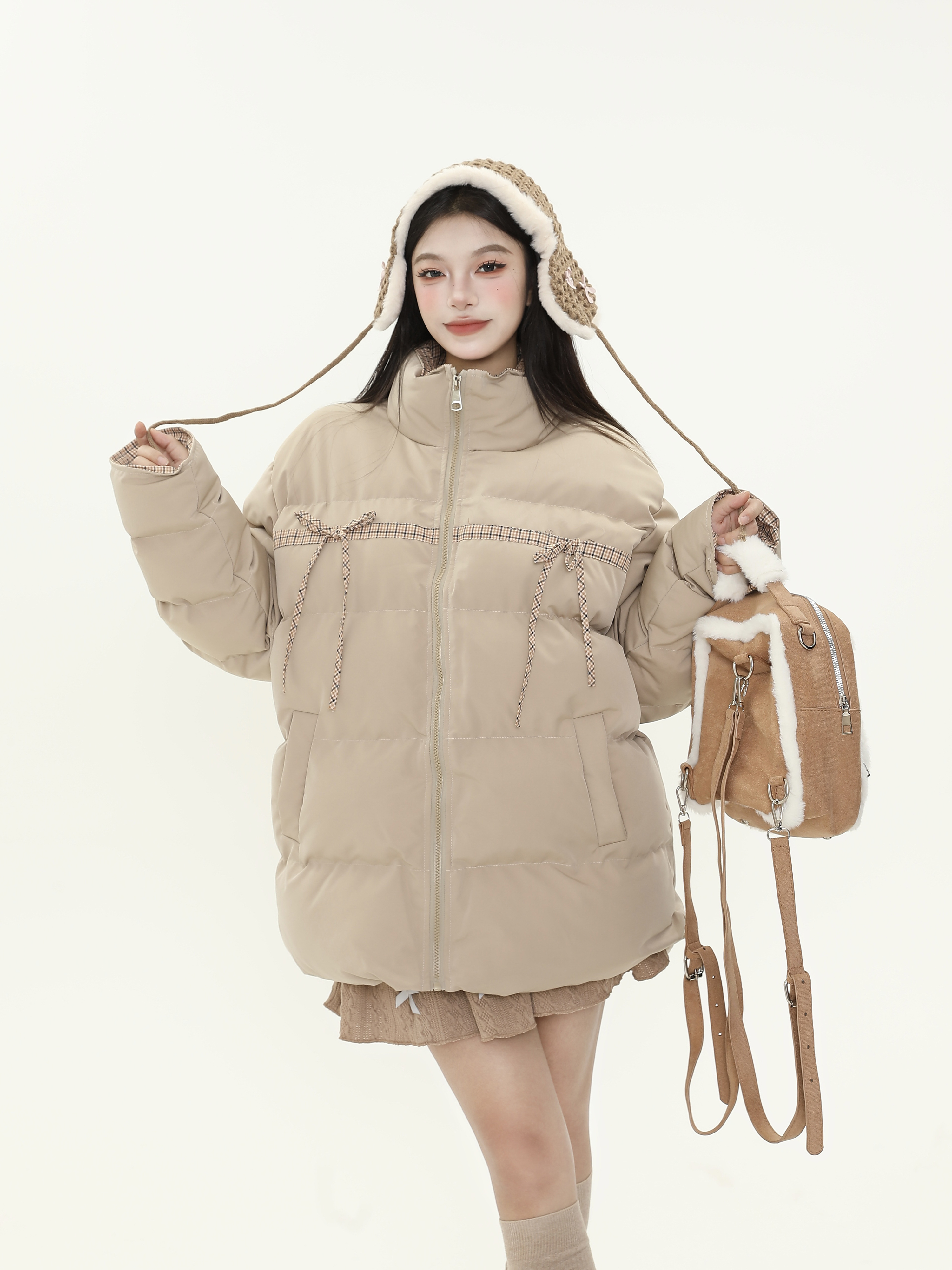 Plaid Bow Tie Collar Cotton Puffer Coat for Women - Thickened Warm Loose Winter Jacket