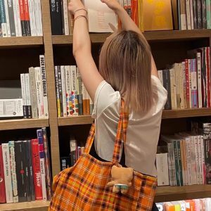 Plaid Canvas Shoulder Bag for Women - Large Capacity Casual Fashion Tote for College Students - 2023 Autumn Summer Style