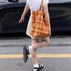 Plaid Canvas Shoulder Bag for Women - Large Capacity Casual Fashion Tote for College Students - 2023 Autumn Summer Style