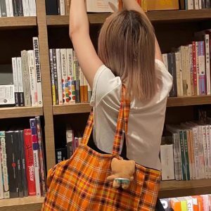 Plaid Canvas Shoulder Bag for Women - Large Capacity Casual Fashion Tote for College Students - 2023 Autumn Summer Style