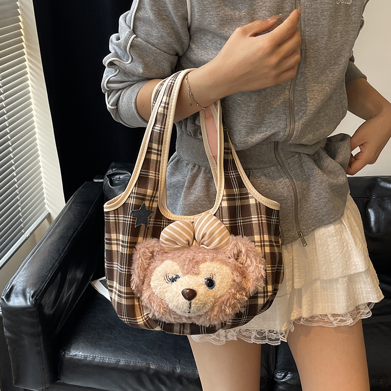 Plaid Canvas Tote Bag for Women - Cartoon Shirley Rose Design, Versatile Summer Shoulder & Underarm Bag, 2025 Fashion Trend