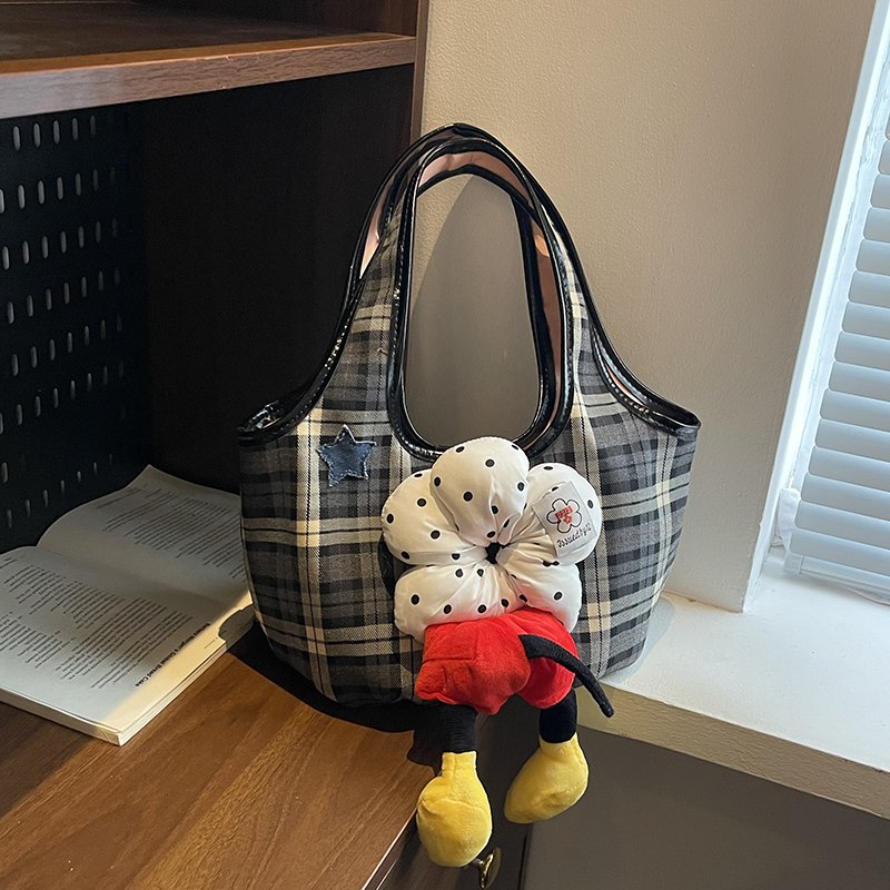 Plaid Canvas Tote Bag for Women - Cartoon Shirley Rose Design, Versatile Summer Shoulder & Underarm Bag, 2025 Fashion Trend