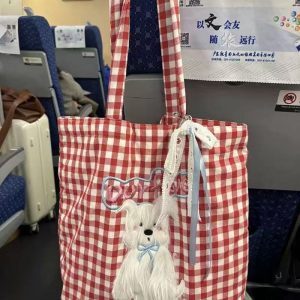 Plaid Canvas Tote Bag with Cute Embroidered Dog Design – Large Capacity College Style Shoulder Bag for Students