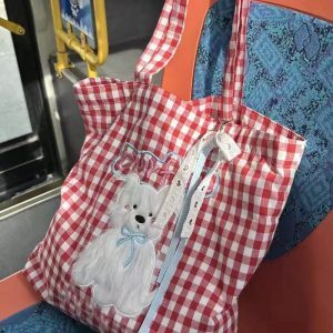 Plaid Canvas Tote Bag with Cute Embroidered Dog Design – Large Capacity College Style Shoulder Bag for Students