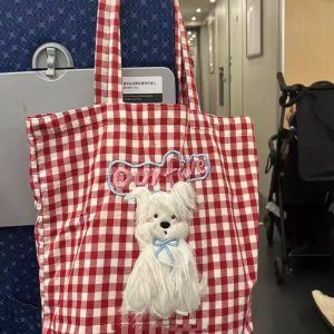 Plaid Canvas Tote Bag with Cute Embroidered Dog Design – Large Capacity College Style Shoulder Bag for Students