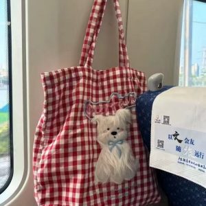 Plaid Canvas Tote Bag with Cute Embroidered Dog Design – Large Capacity College Style Shoulder Bag for Students