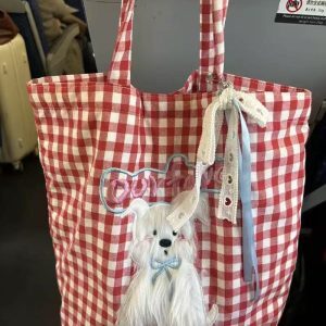 Plaid Canvas Tote Bag with Cute Embroidered Dog Design – Large Capacity College Style Shoulder Bag for Students
