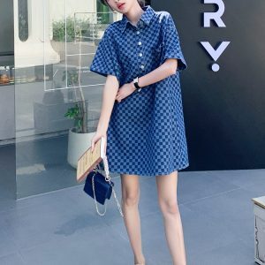 Plaid Denim Shirt Dress for Women - Summer 2025, College Style, Loose Fit, Casual Chic, Trendy 90s Vibe
