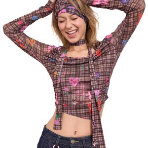 Plaid Draped Collar Top with Scarf - Artist Original Printed Design, Trendy Layered Style for Y2K Fashion Enthusiasts
