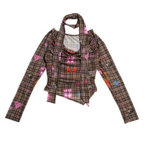 Plaid Draped Collar Top with Scarf - Artist Original Printed Design, Trendy Layered Style for Y2K Fashion Enthusiasts