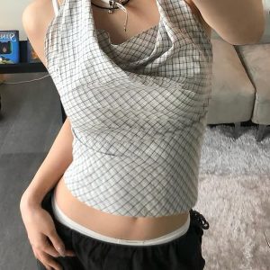 Plaid Off-Shoulder Halter Top - Slim Fit Backless Camisole for Women, Spicy Girl Style, 90s Vibe
