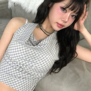 Plaid Off-Shoulder Halter Top - Slim Fit Backless Camisole for Women, Spicy Girl Style, 90s Vibe