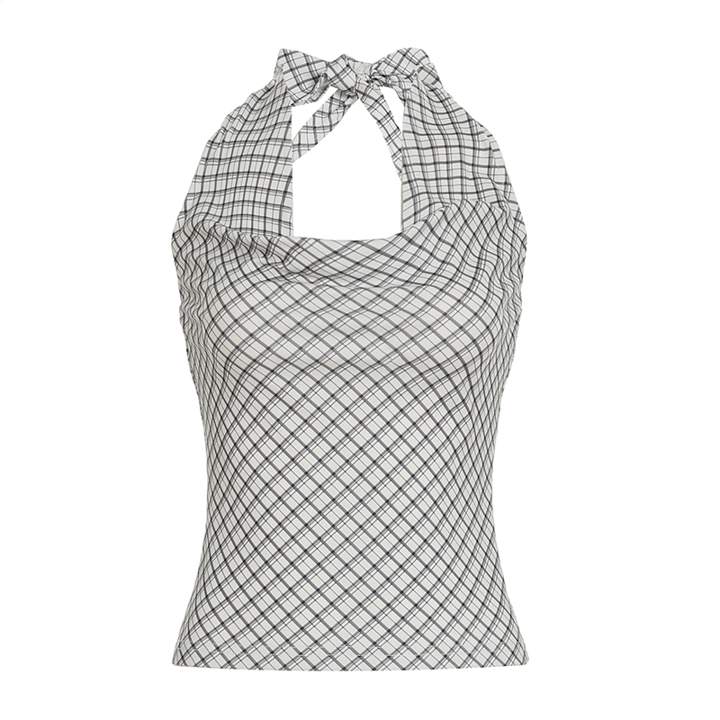 Plaid Off-Shoulder Halter Top - Slim Fit Backless Camisole for Women, Spicy Girl Style, 90s Vibe