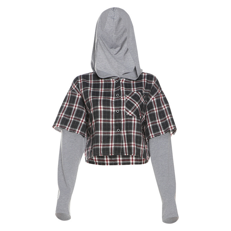 Plaid Patchwork Hooded Short Shirt for Women - Jazz Dance Camisole, Stylish Fake Two-Piece, Trendy Girl Group Style