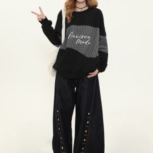 Plaid Spliced Round Neck Sweatshirt for Women - Casual Spring High-Design Top in Lazy Style, Trendy 90s Inspired Fashion