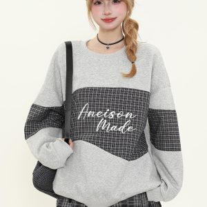 Plaid Spliced Round Neck Sweatshirt for Women - Casual Spring High-Design Top in Lazy Style, Trendy 90s Inspired Fashion