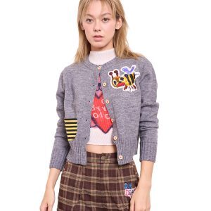 Playful Gray Little Bee Knitted Cardigan - Thin Short Outerwear for Y2K and 90s Inspired Style