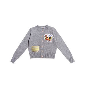 Playful Gray Little Bee Knitted Cardigan - Thin Short Outerwear for Y2K and 90s Inspired Style