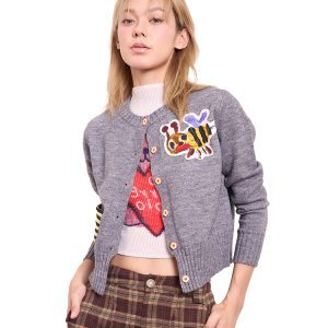 Playful Gray Little Bee Knitted Cardigan - Thin Short Outerwear for Y2K and 90s Inspired Style