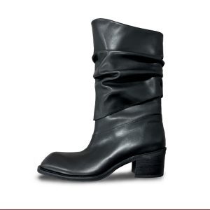 Pleated Collar Knight Boots - Top Layer Cowhide with Sheepskin Lining, 5cm Height Increase, Stylish Y2K Inspired Footwear