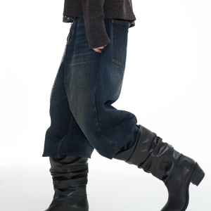 Pleated Collar Knight Boots - Top Layer Cowhide with Sheepskin Lining, 5cm Height Increase, Stylish Y2K Inspired Footwear