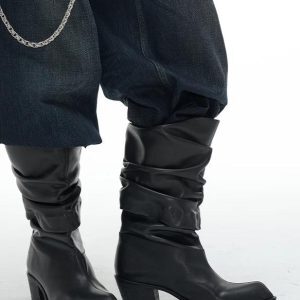 Pleated Collar Knight Boots - Top Layer Cowhide with Sheepskin Lining, 5cm Height Increase, Stylish Y2K Inspired Footwear