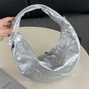 Pleated Design Zipper Curved Silver Cloud Bag - Versatile Shoulder Crossbody Tote for Women, Trendy 2025 Fashion Accessory
