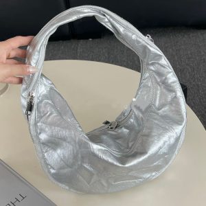 Pleated Design Zipper Curved Silver Cloud Bag - Versatile Shoulder Crossbody Tote for Women, Trendy 2025 Fashion Accessory