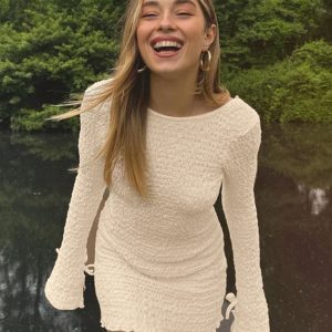 Pleated Embossed Round Neck Flared Long Sleeve Dress with Deep Back and Lace Skirt - European American Instagram Style for Women