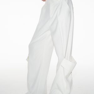 Pleated Long Pants with Double Pockets, Straight Leg, Slight Flare, 3D Hem Details - Trendy Street Style Trousers