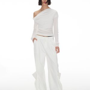 Pleated Long Pants with Double Pockets, Straight Leg, Slight Flare, 3D Hem Details - Trendy Street Style Trousers